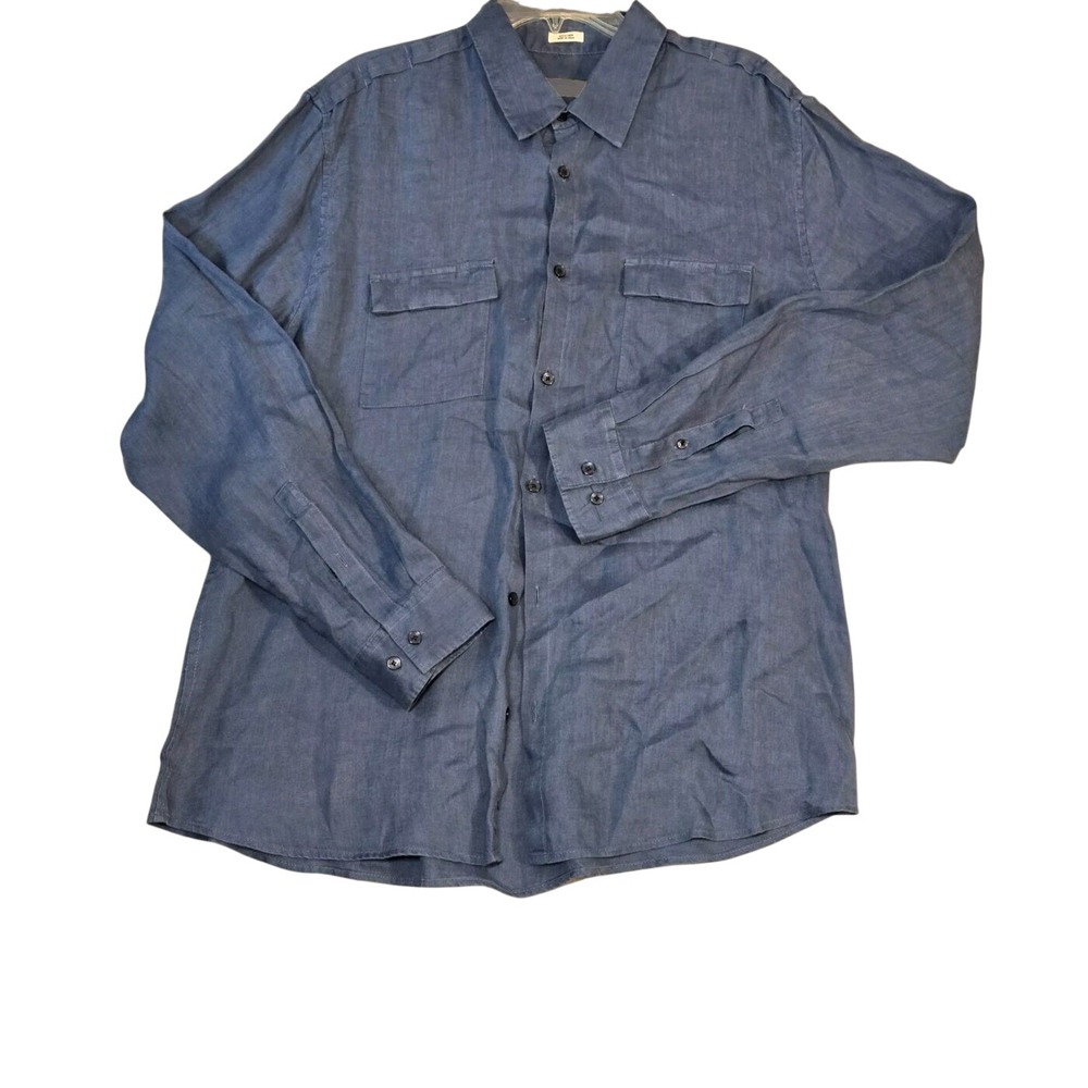 Calvin Klein Mens Linen Dress Shirt Nautical Blue Pockets Epaulets‎ Size XL[Add]